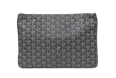 GOYARD ゴヤール セナMM クラッチバッグ ヘリンボーン柄 グレー PVC レザー シルバー金具 美品 中古 4b008889