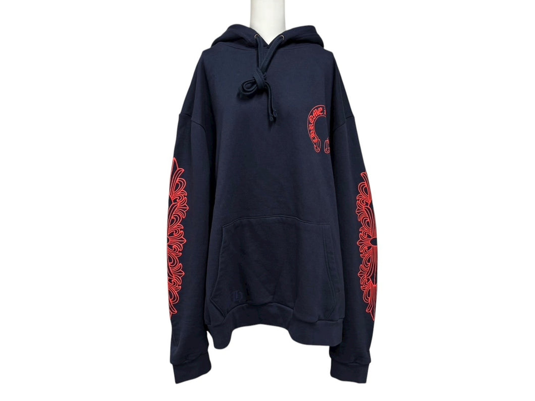 CHROME HEARTS クロムハーツ パーカー フーディ フローラル ホースシュープリント ネイビー レッド サイズXL 美品 中古 4c069628