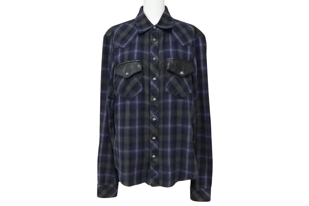 CHROME HEARTS クロムハーツ レザー切り替え 長袖ネルシャツ サイズSM フレアニー クロスボールボタン チェック柄 美品 中古 4b008920