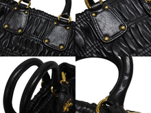 Load image into Gallery viewer, PRADA プラダ プリーツデザイン 2WAY ミニハンドバッグ ショルダーバッグ ロゴ レザー ブラック ゴールド金具 美品 中古 4b008959