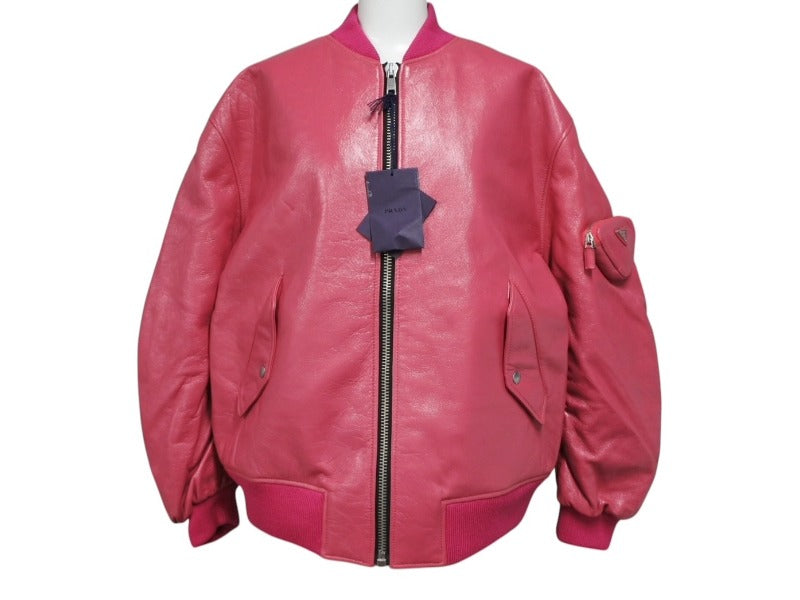 新品未使用 PRADA プラダ 21AW Oversized Nappa Leather Bomber Jacket ボンバージャケット 58A079 サイズ38 ピンク 中古 4b008986