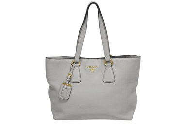 PRADA プラダ トートバッグ ブランドロゴ 1BG043 ルーマニア製 レザー グレー ゴールド金具 美品 中古 4b009063