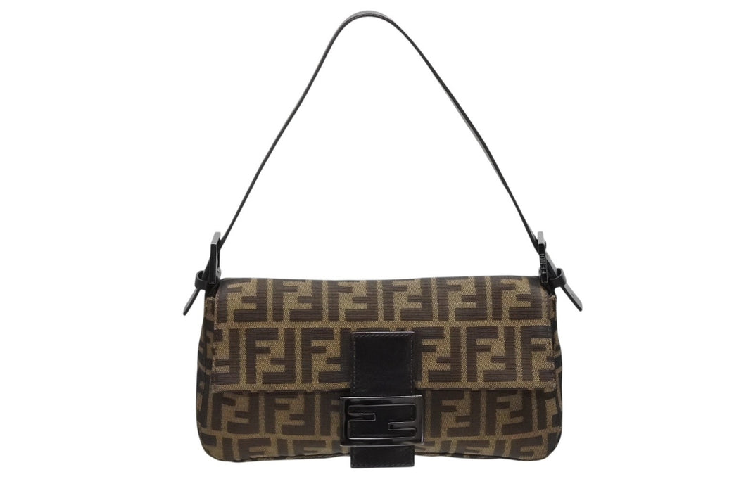 FENDI フェンディ マンマバケット ワンショルダーバッグ ズッカ柄 キャンバス レザー ブラウン ブラック ガンメタ金具 美品 中古 4b009075