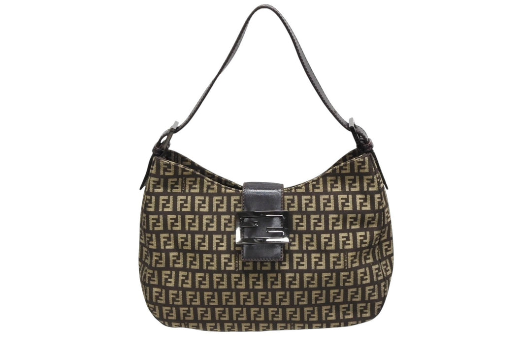 FENDI フェンディ ズッキーノ ワンショルダーバッグ 8BR036 キャンバス レザー ブラウン ベージュ ブラックメタル金具 美品 中古 4b009076