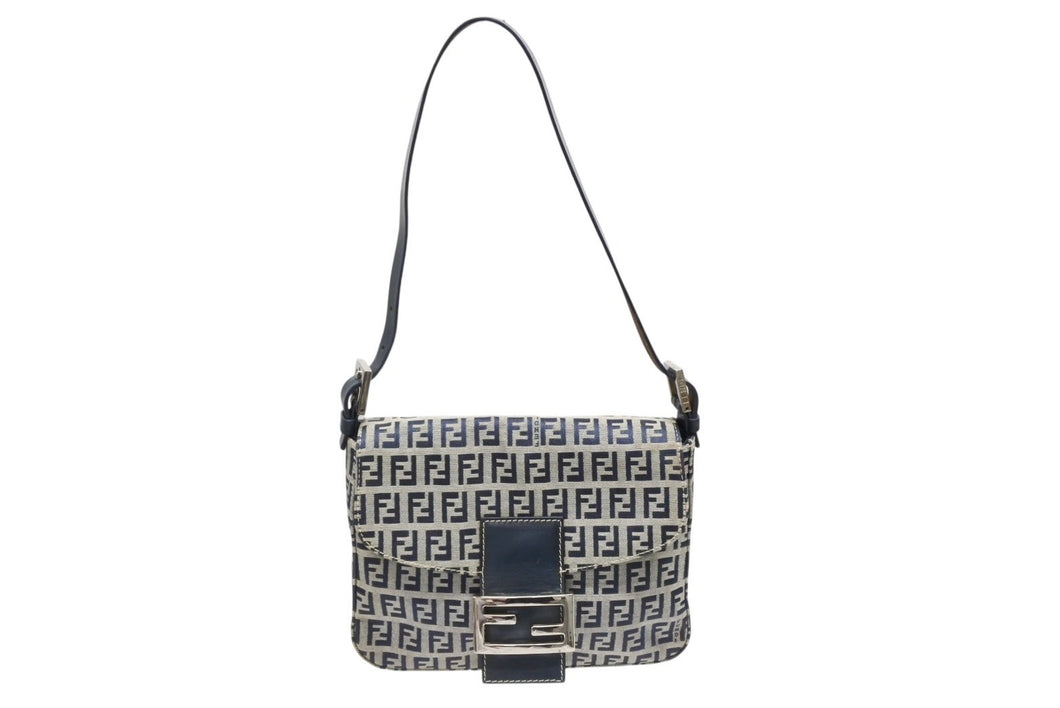 極美品 FENDI フェンディ ズッキーノ ワンショルダーバッグ イタリア製 キャンバス レザー グレー ネイビー シルバー金具 中古 4b009081