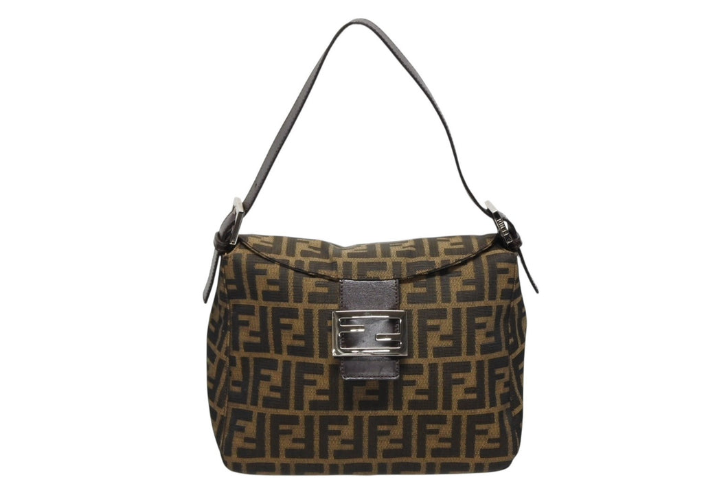 極美品 FENDI フェンディ マンマバケット ワンショルダーバッグ ズッカ柄 ブラウン キャンバス レザー シルバー金具 中古 4b009111