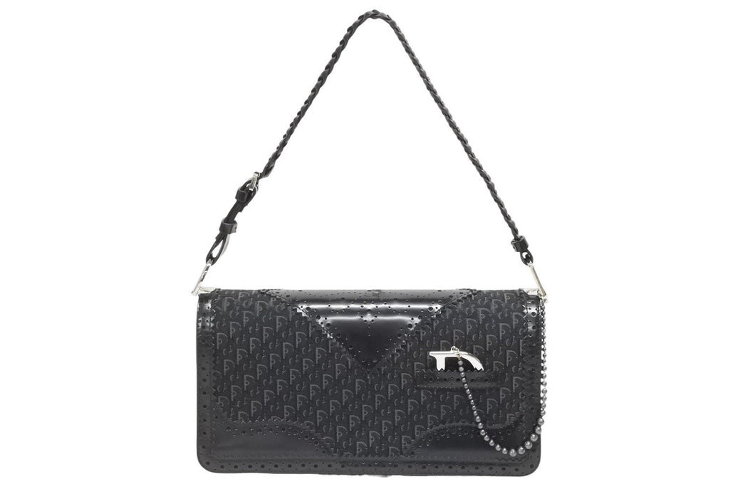 CHRISTIAN DIOR クリスチャンディオール トロッター柄 ワンショルダーバッグ キャンバス レザー ブラック シルバー金具 美品 中古 4b009203