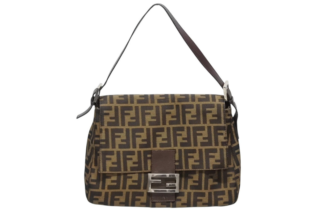 FENDI フェンディ ズッカ柄 マンマバケット ワンショルダーバッグ 26325 キャンバス レザー ブラウン シルバー金具 中古 4b009219