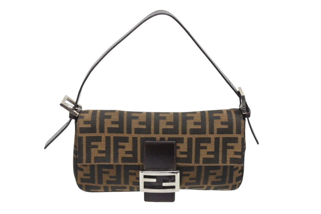 極美品 FENDI フェンディ マンマバケット ワンショルダーバッグ ズッカ柄 キャンバス レザー ブラウン シルバー金具 中古 4b009220