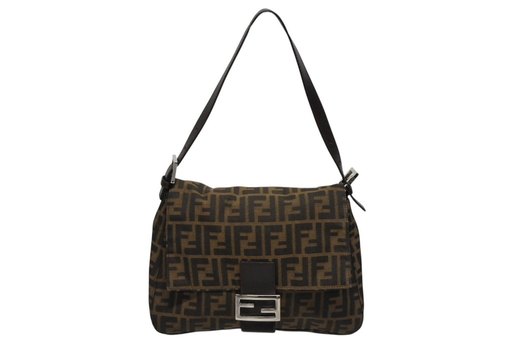 FENDI フェンディ マンマバケット ワンショルダーバッグ ズッカ柄 ブラウン キャンバス レザー シルバー金具 美品 中古 4b009230
