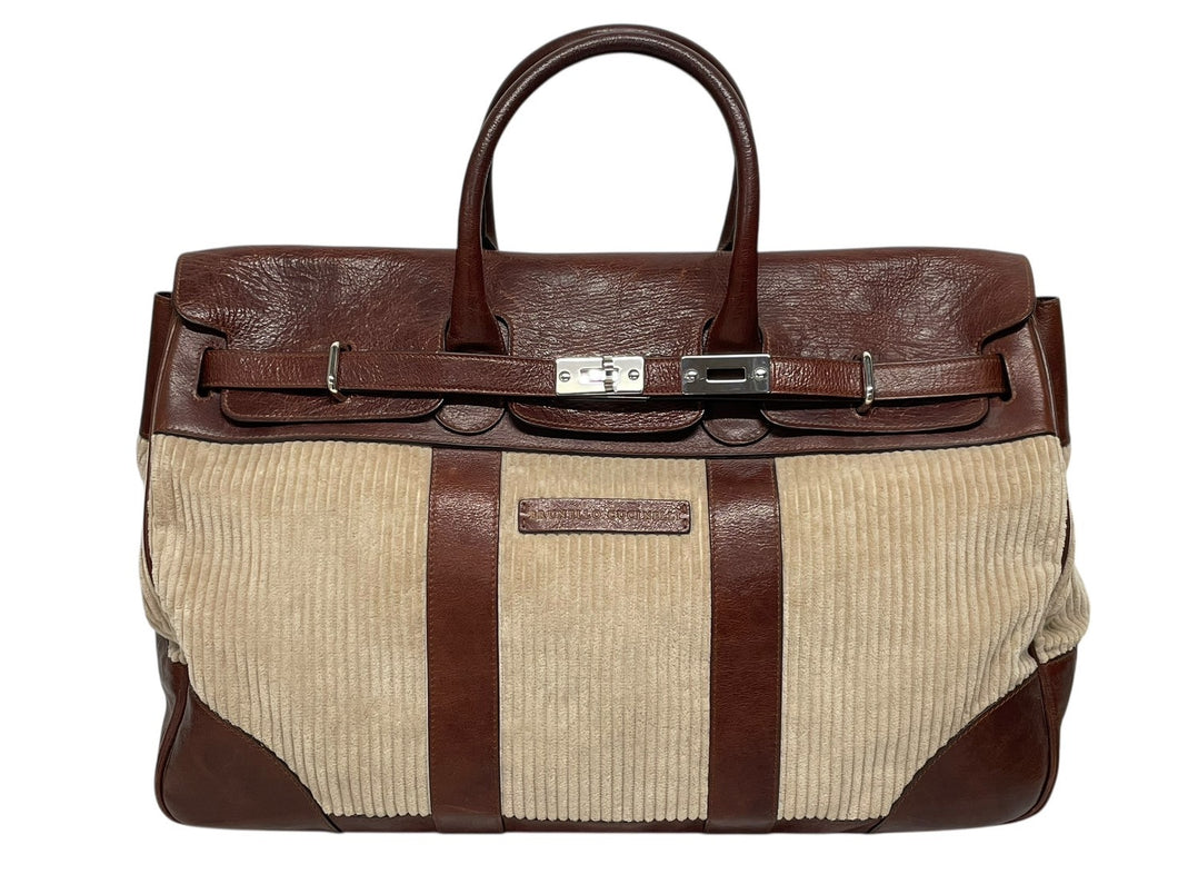 Brunello Cucinelli ブルネロクチネリ カントリーバッグ ビジネスバッグ レザー コーデュロイ ベージュ ブラウン シルバー金具 美品 中古 4b009238