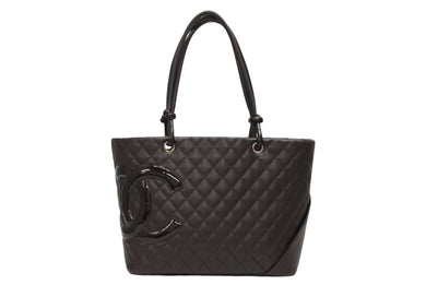 CHANEL シャネル カンボンライン ラージトートバッグ 10番台 A25169 ココマーク カーフスキン パテントレザー ブラウン 美品 中古 4b009356