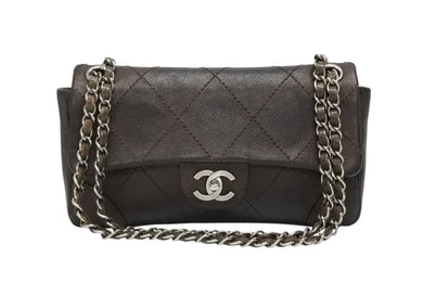 CHANEL シャネル ワイルドステッチ Wチェーンショルダーバッグ 10番台 ココマーク キャビアスキン ブラウン 美品 中古 4b009362