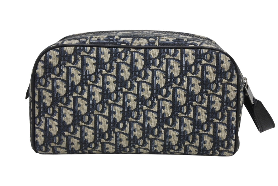 Christian Dior クリスチャンディオール ポーチ セカンドバッグ 2ESCA494YKY オブリーク ネイビー ジャガード カーフスキン 美品 中古 4b009527