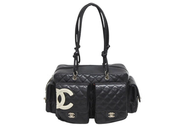 CHANEL シャネル カンボンライン マルチポケット カンボンライン ボストンバッグ 9番台 カーフレザー ブラック ピンク 中古 4b009532