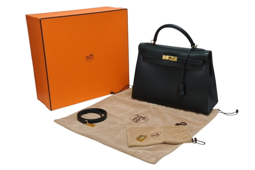 極美品 HERMES エルメス ケリー32 外縫い グリーン □D刻印 カーフスキン ゴールド金具 ハンドバッグ 2WAY 中古 4b009583