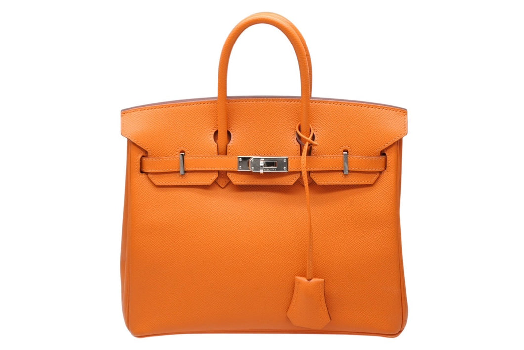 極美品 HERMES エルメス バーキン25 ハンドバッグ □J刻印 ヴォーエプソン オレンジ シルバー金具 中古 4b009642