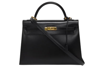 極美品 HERMES エルメス ケリー32 外縫い ブラック ○W刻印 カーフスキン ゴールド金具 ハンドバッグ 2WAY 中古 4b009649