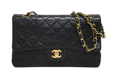 CHANEL シャネル マトラッセ ダブルフラップ25 ショルダーバッグ 1番台 ラムスキン ブラック ゴールド金具 美品 中古 4b009663