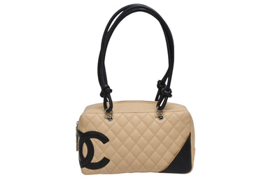 極美品 CHANEL シャネル ポーチ ハンドバッグ カンボンライン ココマーク 9番台 ラムスキン ベージュ ブラック 中古 4b009678