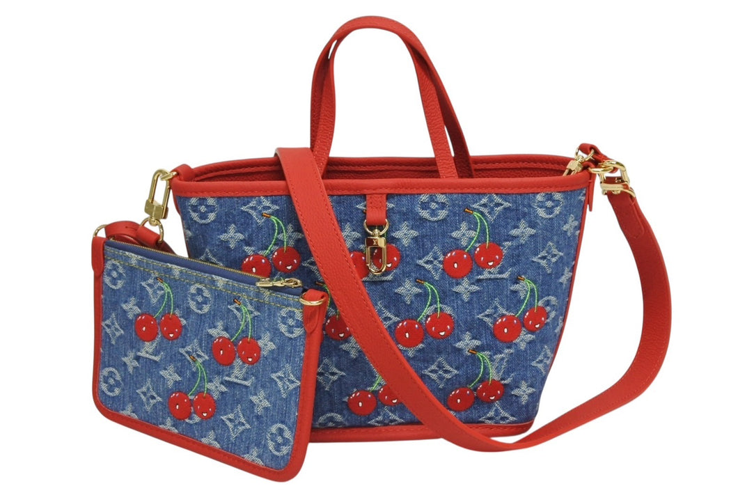 新品未使用 LOUIS VUITTON ルイヴィトン 村上隆 LV × TM ネヴァーフルインサイドアウトBB トートバッグ M14997 モノグラムデニムチェリー ブルー レッド 中古 4b009710