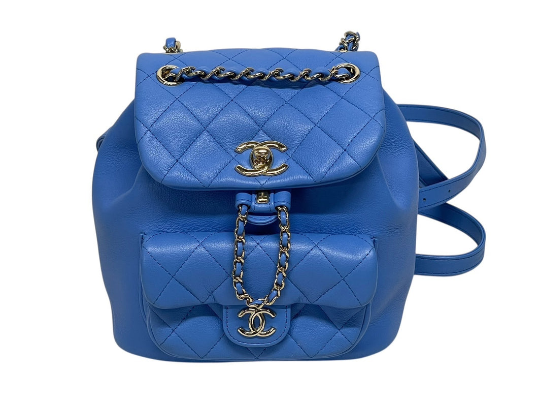 新品同様 CHANEL シャネル マトラッセスモールバックパック リュック ランダム番台 カーフスキン ブルー シルバー金具 中古 4b009767