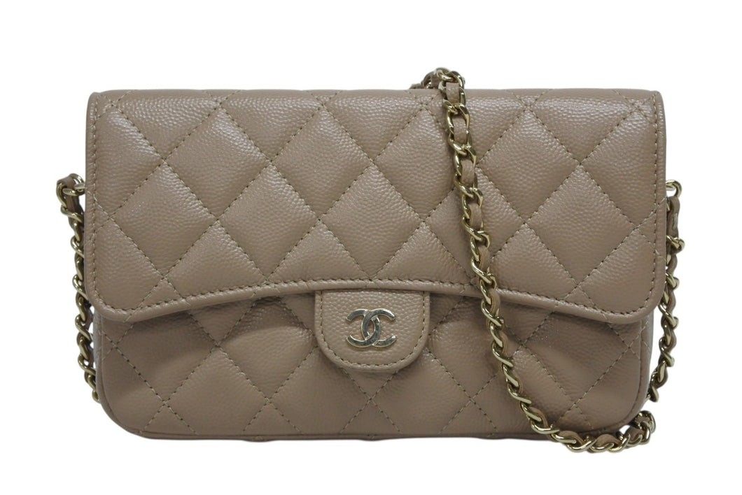 極美品 CHANEL シャネル フラップフォンケース チェーンウォレット AP2096 ココマーク キャビアスキン ベージュ ランダム番台 中古 4b009799
