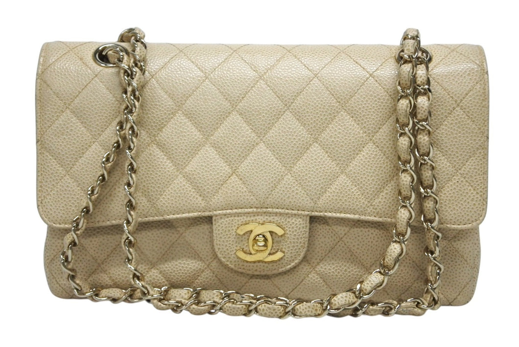 極美品 CHANEL シャネル マトラッセ25 Wフラップ Wチェーンショルダーバッグ 7番台 キャビアスキン A1112 ベージュ ゴールド金具 中古 4b009858