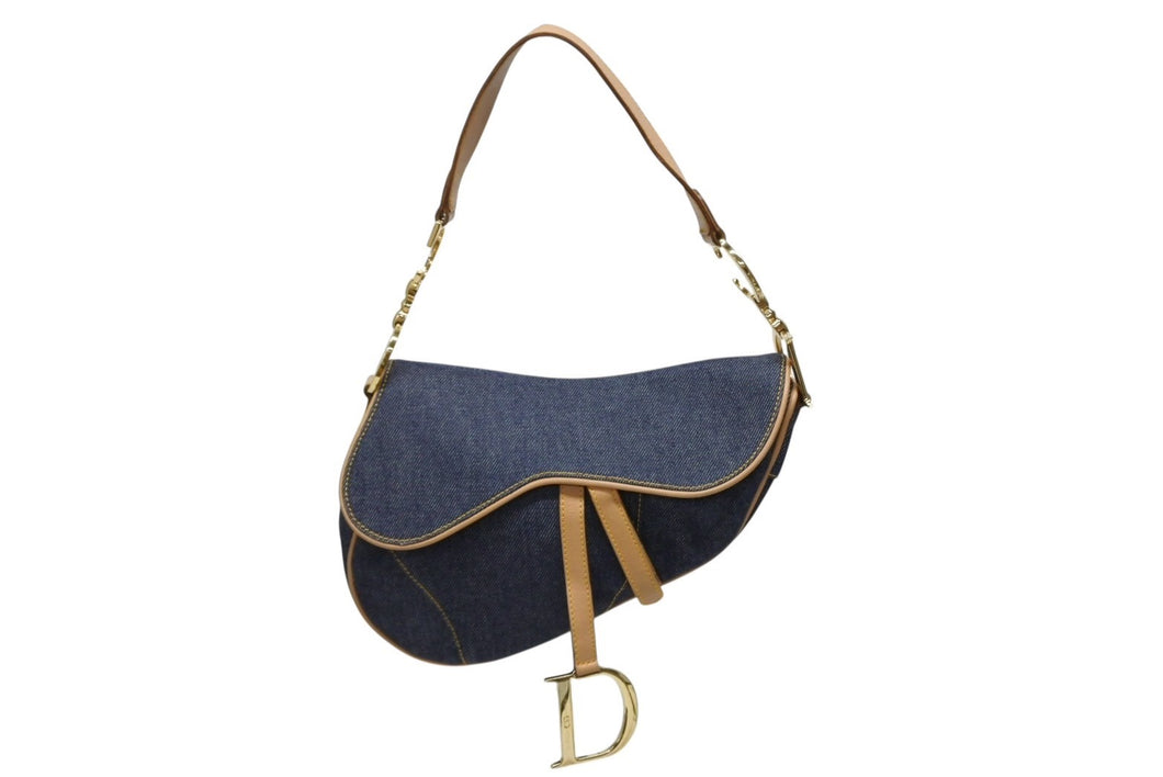 極美品 CHRISTIAN DIOR クリスチャンディオール サドルバッグ ワンショルダーバッグ ガリアーノ期 デニム ブルー 中古 4b009863