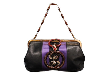 極美品 GUCCI グッチ ワンショルダーバッグ 129457 04AW トムフォード期 レザー サテン ブラック パープル スネーク ゴールド金具 中古 4b009972