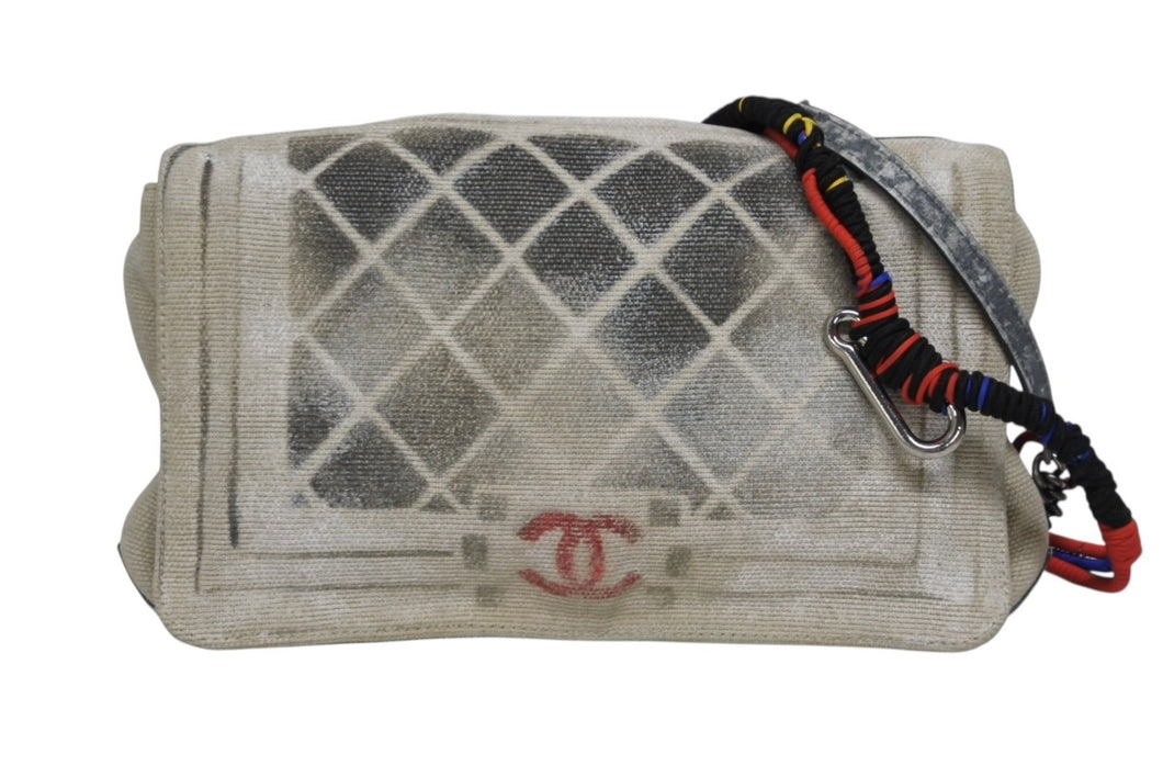 極美品 名作 CHANEL シャネル アクト2 マトラッセ チェーンショルダーバッグ キャンバス グレー 19番台 ペンキ 中古 4b009973