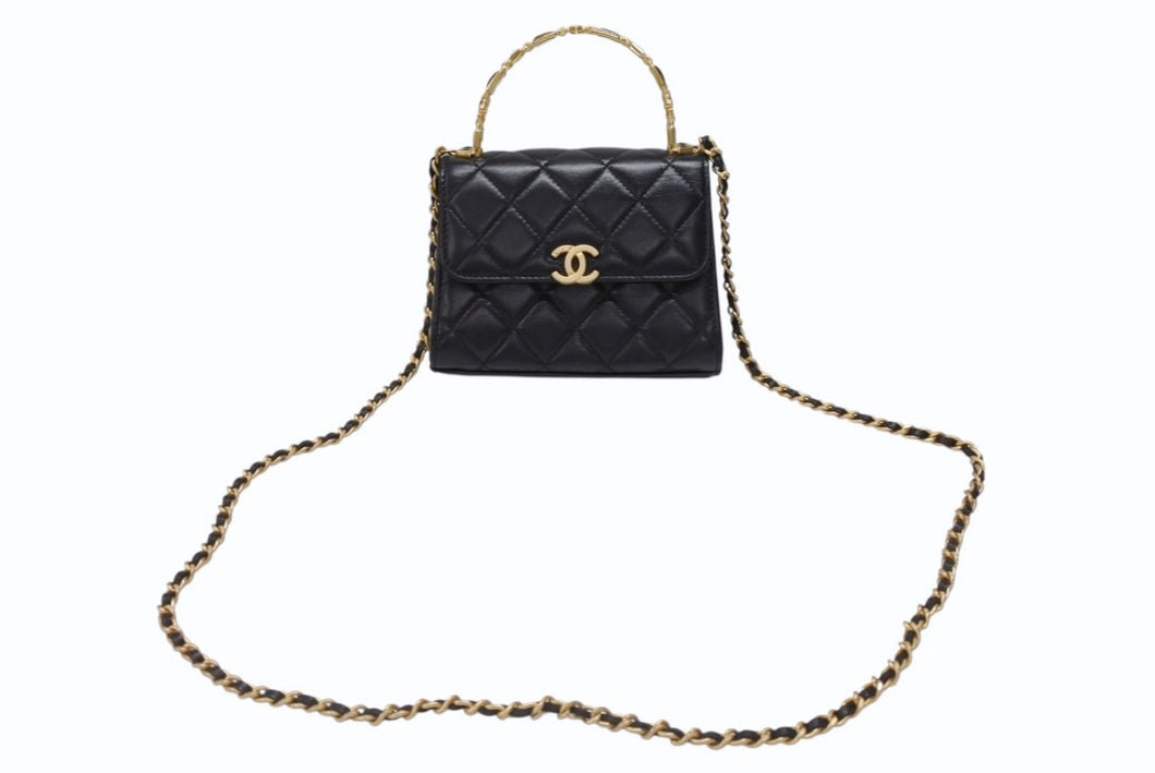極美品 CHANEL シャネル ミニマトラッセ トップハンドルバッグ ランダム番台 AP2946 ラムスキン ココマーク ブラック ゴールド金具 中古 4b006024