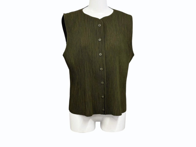 極美品 ISSEY MIYAKE イッセイミヤケ WHITE LABEL プリーツベスト サンプル JAPAN製 ポリエステル カーキ 中古 4b004344