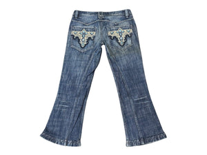 極美品 ANTIK DENIM アンティックデニム ターコイズ装飾 刺繍 フレアデニム USA製 コットン ブルー サイズ28 中古 4b006217