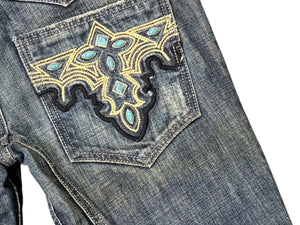 極美品 ANTIK DENIM アンティックデニム ターコイズ装飾 刺繍 フレアデニム USA製 コットン ブルー サイズ28 中古 4b006217
