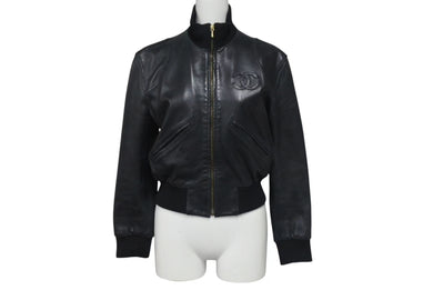 CHANEL シャネル ココマーク レザー ジャケット ブラック ロゴ アウター シルク ヴィンテージ サイズ36 良品 中古 4c056056