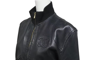 CHANEL シャネル ココマーク レザー ジャケット ブラック ロゴ アウター シルク ヴィンテージ サイズ36 良品 中古 4c056056