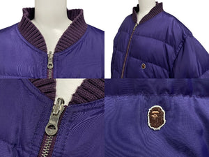 A BATHING APE アベイシングエイプ リバーシブル レザー ダウン ボンバー ジャケット パープル シルバー金具 美品 中古 4c058953