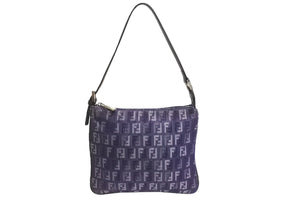 FENDI フェンディ ハンドバッグ ポーチ ズッキーノ 8BR252 キャンバス レザー ネイビー ブラウン シルバー金具 美品 中古 4c066278 
