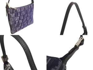 FENDI フェンディ ハンドバッグ ポーチ ズッキーノ 8BR252 キャンバス レザー ネイビー ブラウン シルバー金具 美品 中古 4c066278 