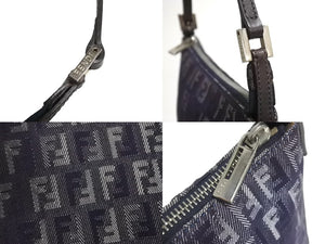 FENDI フェンディ ハンドバッグ ポーチ ズッキーノ 8BR252 キャンバス レザー ネイビー ブラウン シルバー金具 美品 中古 4c066278 