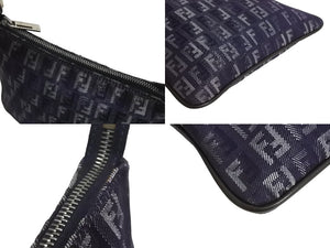 FENDI フェンディ ハンドバッグ ポーチ ズッキーノ 8BR252 キャンバス レザー ネイビー ブラウン シルバー金具 美品 中古 4c066278 