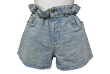 Load image into Gallery viewer, MIUMIU ミュウミュウ 総柄 デニム ショートパンツ ロゴ GWP300 コットン インディゴブルー ゴールド金具 サイズ24 美品 中古 4c066318