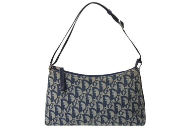 ChristianDior クリスチャンディオール ワンショルダーバッグ トロッター柄 キャンバス レザー ブルー グレー シルバー 美品 中古 4c066990