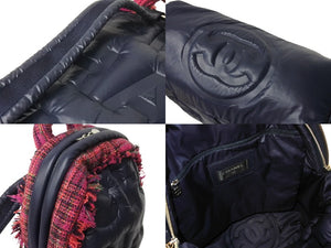 極美品 CHANEL シャネル ドゥドーヌ リュック バックパック A91933 ココマーク ネイビー ピンク ナイロン ツイード 中古 4c066996