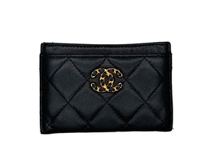 CHANEL シャネル カードケース 28番台 ココマーク キルティング ラムスキン ブラック ゴールド イタリア製 美品 中古 4c067024