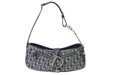 ChristianDior クリスチャンディオール トロッター柄 ワンショルダーバッグ ブルー キャンバス レザー シルバー金具 中古 4c067078