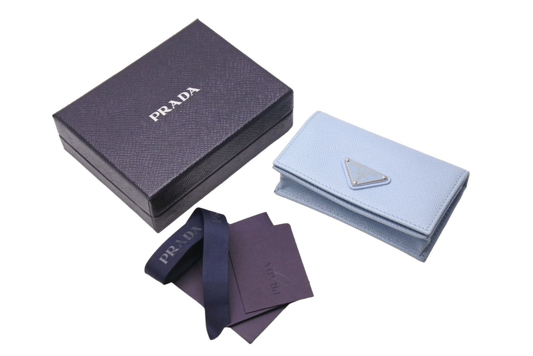 極美品 PRADA プラダ トライアングルロゴ カードケース 名刺入れ 1MC122 ライトブルーレザー 三角 サフィアーノレザー ロゴ 中古 4c067120 