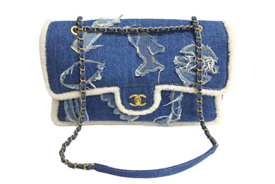 極美品 CHANEL シャネル チェーンショルダーバッグ エジプトライン 28番台 2019年 デニム ブルー ホワイト ゴールド 中古 4c067123cc