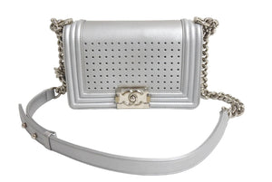 CHANEL シャネル ボーイシャネル チェーンショルダーバッグ 24番台 イタリア製 メタリックカーフレザー シルバー 美品 中古 4c067130